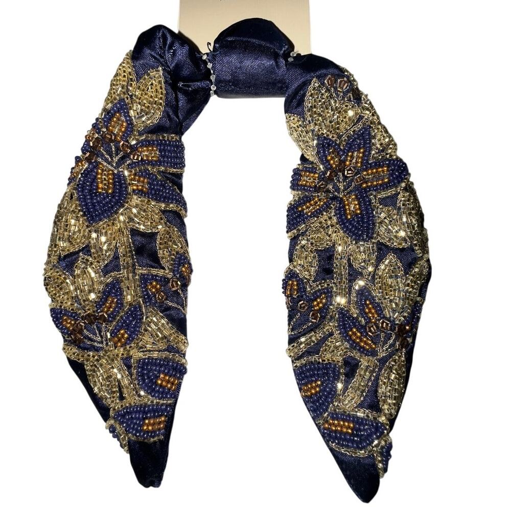 Embellished Beaded Floral Knot Headband – Navy Blue & Gold NWT
